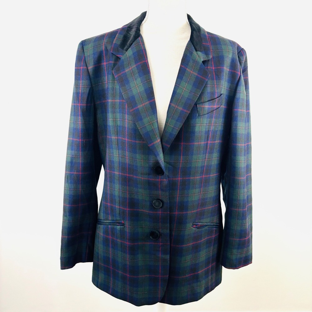 Talbots Womens Blue Green Plaid Worsted‎ Wool Blazer Velvet Collar Size 12 USA